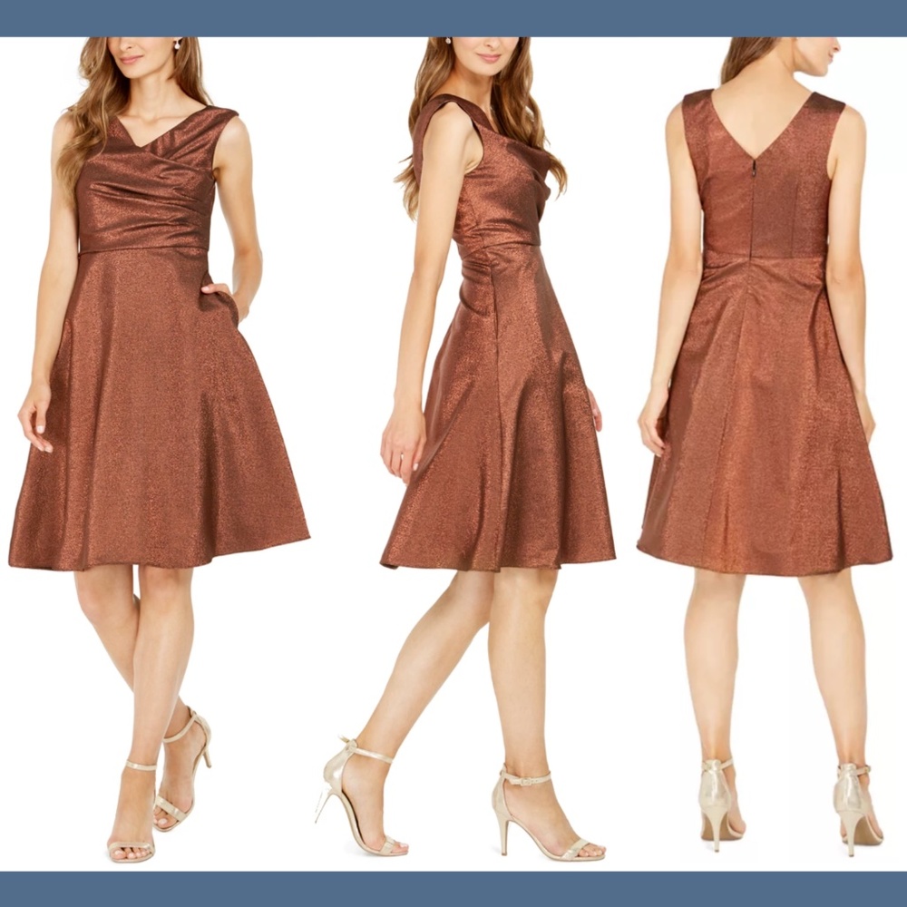 NWT $199 Adrianna Papell Metallic Cowl neck‎ Dress in Copper [SZ 6 ]